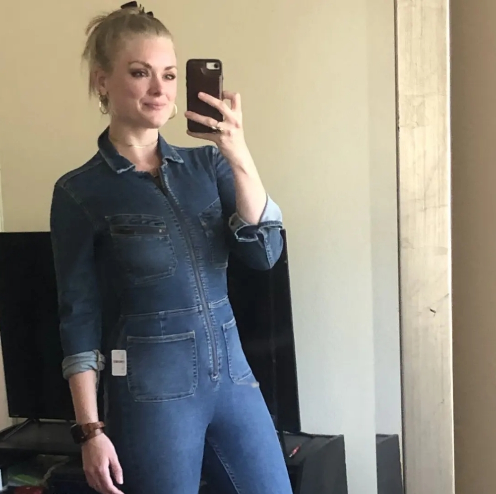 Free People Lennox Zipper Front Stretch Long Sleeve Denim Jumpsuit NWT
